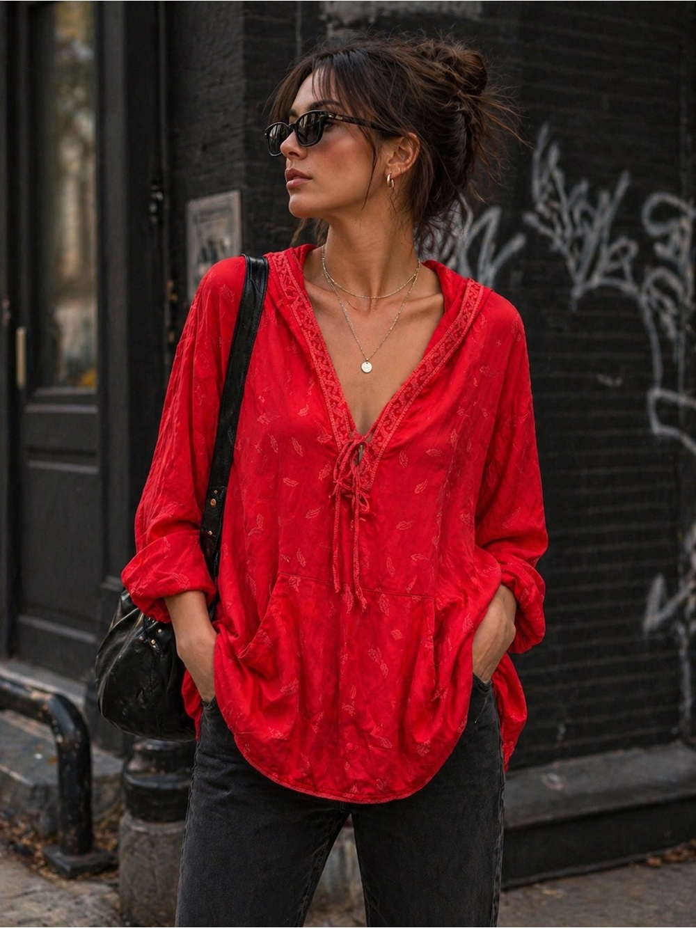 Johnny Was Red V-Neck Peasant Tunic Hoodie with Tie Front RARE